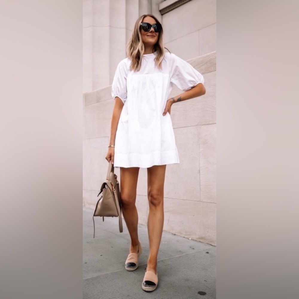 Everlane Shirred Mini Dress Women Large White Poplin Resort Minimalist Classic